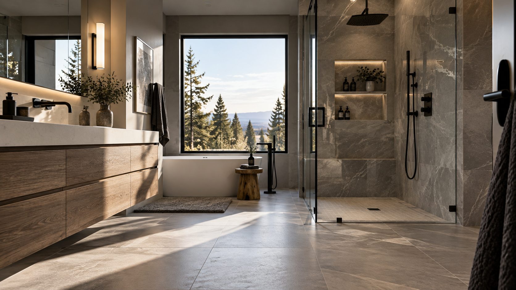 Master bathroom finished by SPEEDY LLC with large-format stone-look floor and wall tile, a walk-in glass shower and a floating wood vanity